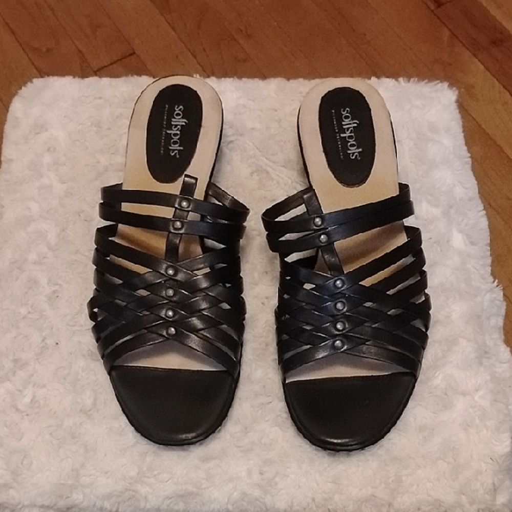 new softspots sandals womens 10 wide black strappy shoes 2" heels